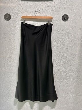 Classic Black Satin A-Line Midi Skirt